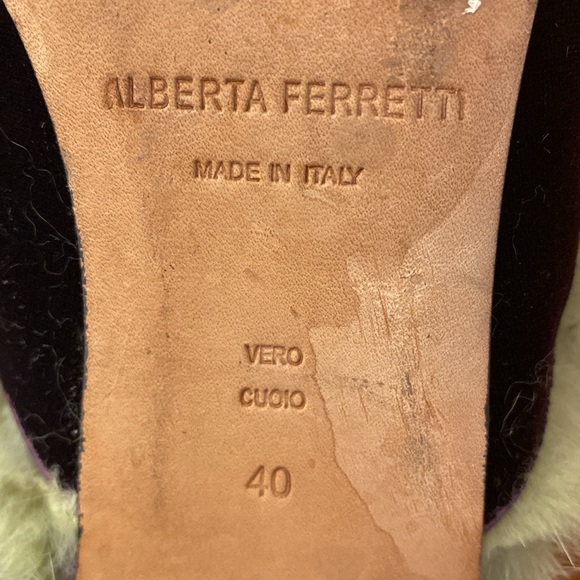 Alberta Ferretti Owl Embroidered Purple Suede and Green Mink Fur Flat Mules - Picture 8 of 8